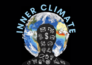 Graphic of a globe and a male silhouette bust. THe words 'inner climate' are curved around the globe