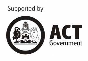 Image of the ACT govt logo with two swans, onen black, one white, facing in either side of a crest containing a castle and two sword crossed. The words 'supported by ACT Government are written in bold text