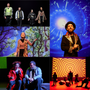 A collage of images of performers on stage in colourful costumes under lights