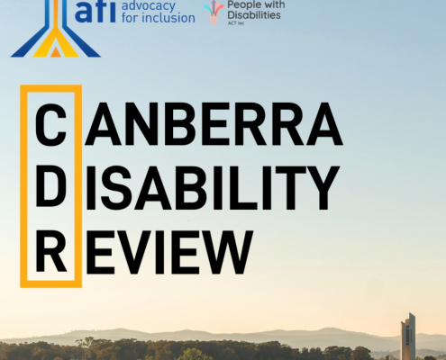 Image of a bush city landscape with mountains and large trees under a blue sky. The words 'Canberra Disability Review' in black writing