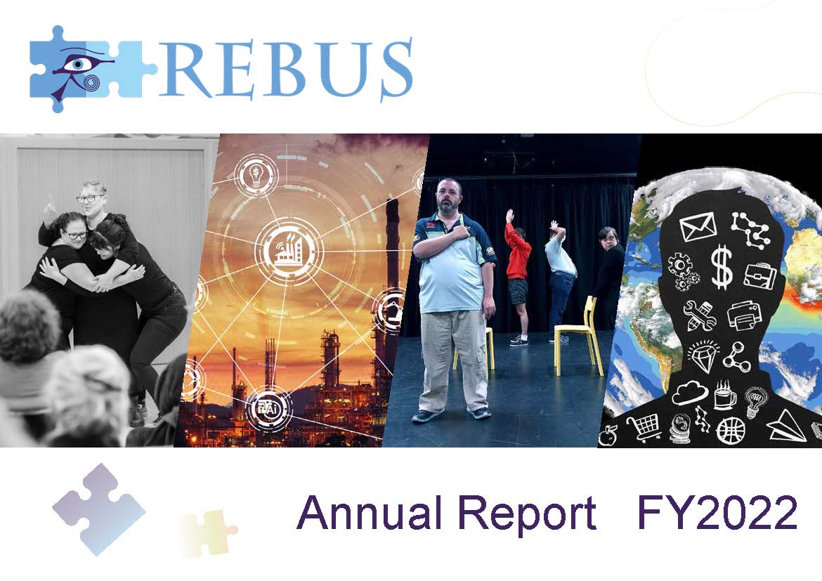 Rebus Logo and 4 images, one of three women hugging on stage, a city scape at sunset with white symbols connected by circles and lines, an image of 3 men and a woman on stage, and cartoon head silhouette filled with icons representing ideas and activities in front of a cartoon earth of women on stage
