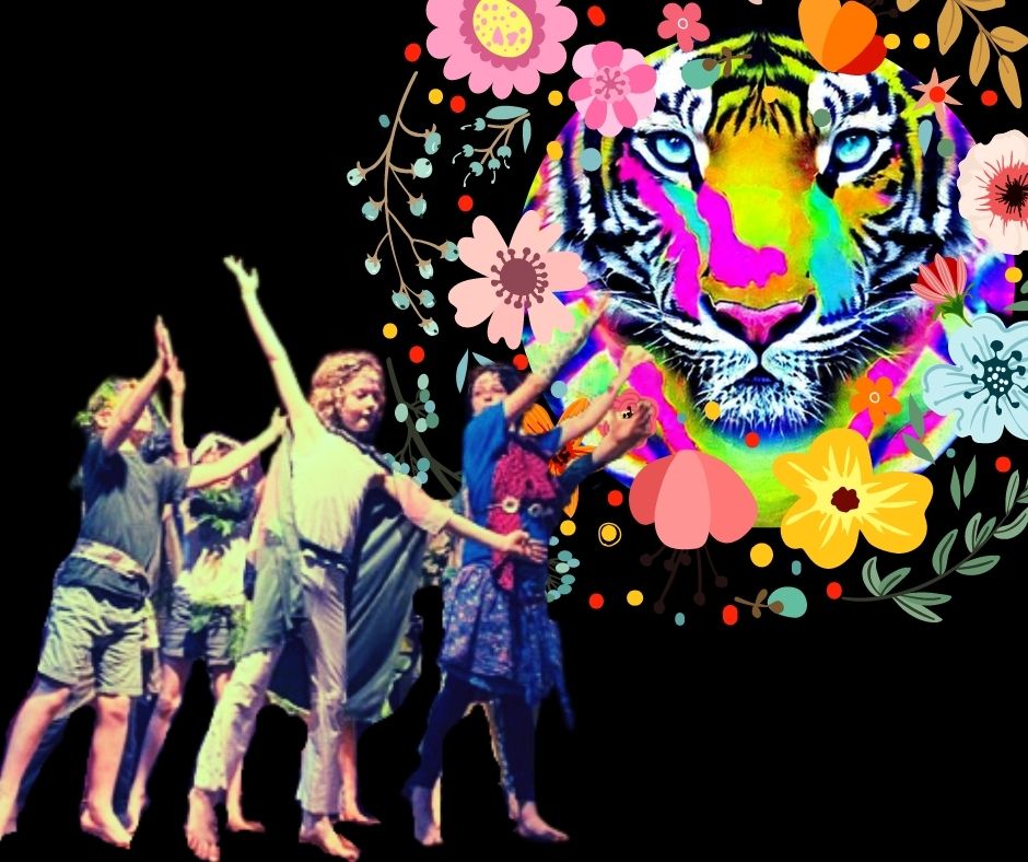 A collage of images including a rainbow coloured tiger face and children dancing in ancient robes