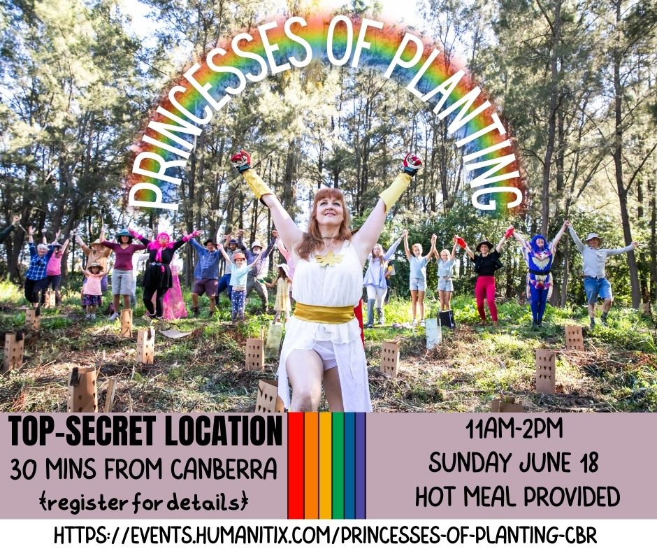 A group of people in various cosplay outfirs stand with their arms raised in the forest. The word 'Princesses of Planting' are written in white in a rainbow shape on a rainbow image imposed over the photo