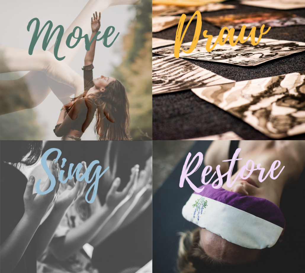 the image contains 4 smaller images each with a word imposed over them. Top leff an image of a long brown haired woman leaning back in a dance pose looking upward at her extended arm with the word 'move'. Top right an image of multiple watercolour drawings laying on the floor with the 'Draw'. Bottom left and image of a row of people's torsos with helps held up in front of them with the word 'Sing'. Bottom right an image of the head of a woman lyin on her back with a pruple and white eye mask covering her eyes with the word 'Restore'.