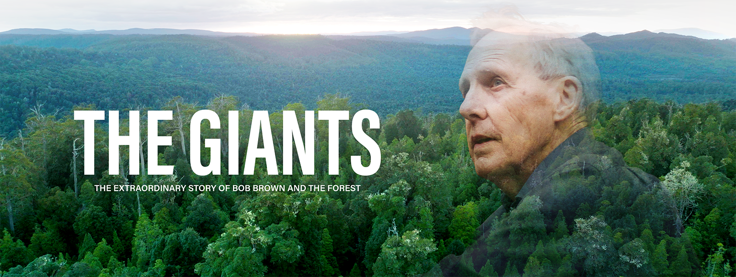A landscape of forests into the horizon with an image of a man with great thinning hair looking off to the left thoughtfully. The text' The Giants' written in large white font