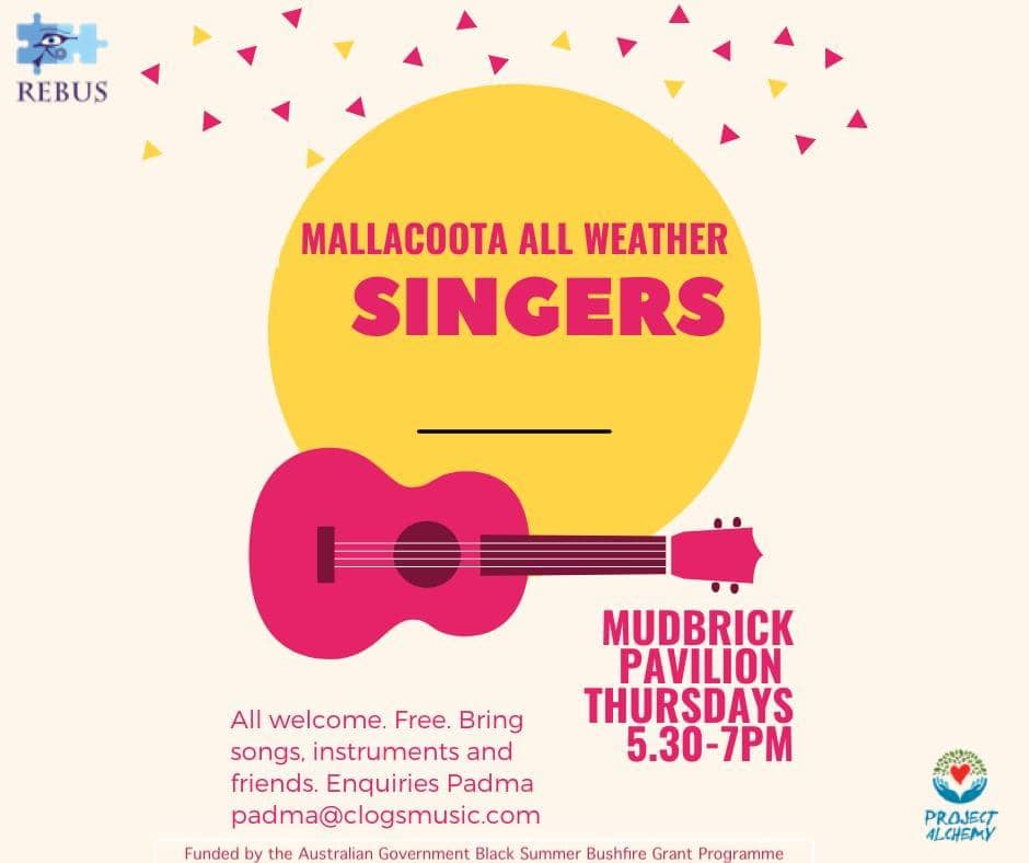A yellow circle on a white background. The words 'Mallacoota All Weather Singers' are written in pink in the centre of the circle. A Pink image of a guitar covers the bottom part of the circle. The words 'Mudbrick Pavilion Thursdays 5:30-7 are written in pink below on the white background.