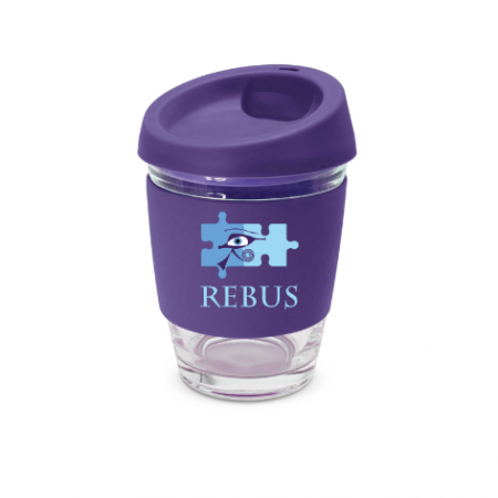 A Glass Keep Cup with Purple silicon band and lid. The Rebus logo is printed on the band!
