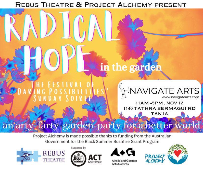 A Social Tile advertising an evetn called 'Radical Hope In The Garden' with an cartoon image of pink and blue flowers on a yellow background.