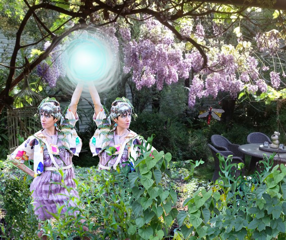 An image of two women in a rich green garden wearing colourful vintage clothing holding each holding one of their arms up to join within a cartoon orb of light