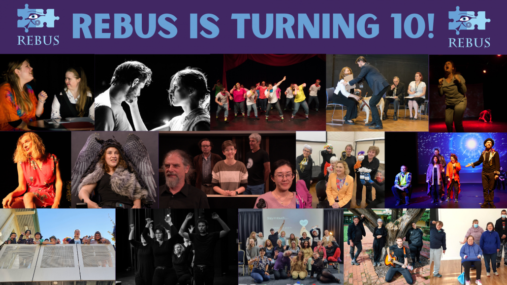 A collage of images of people performing on stage with the text 'Rebus is turning 10'