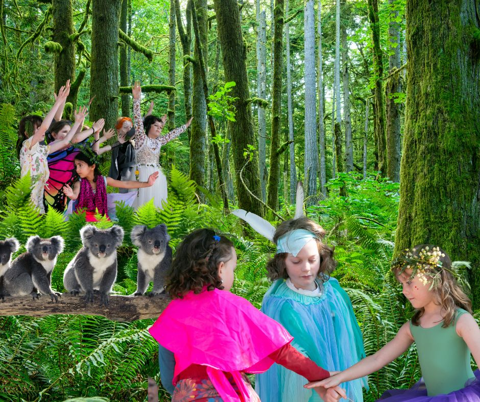 And image of kids playing in the forest with Koalas photoshopped in nearby
