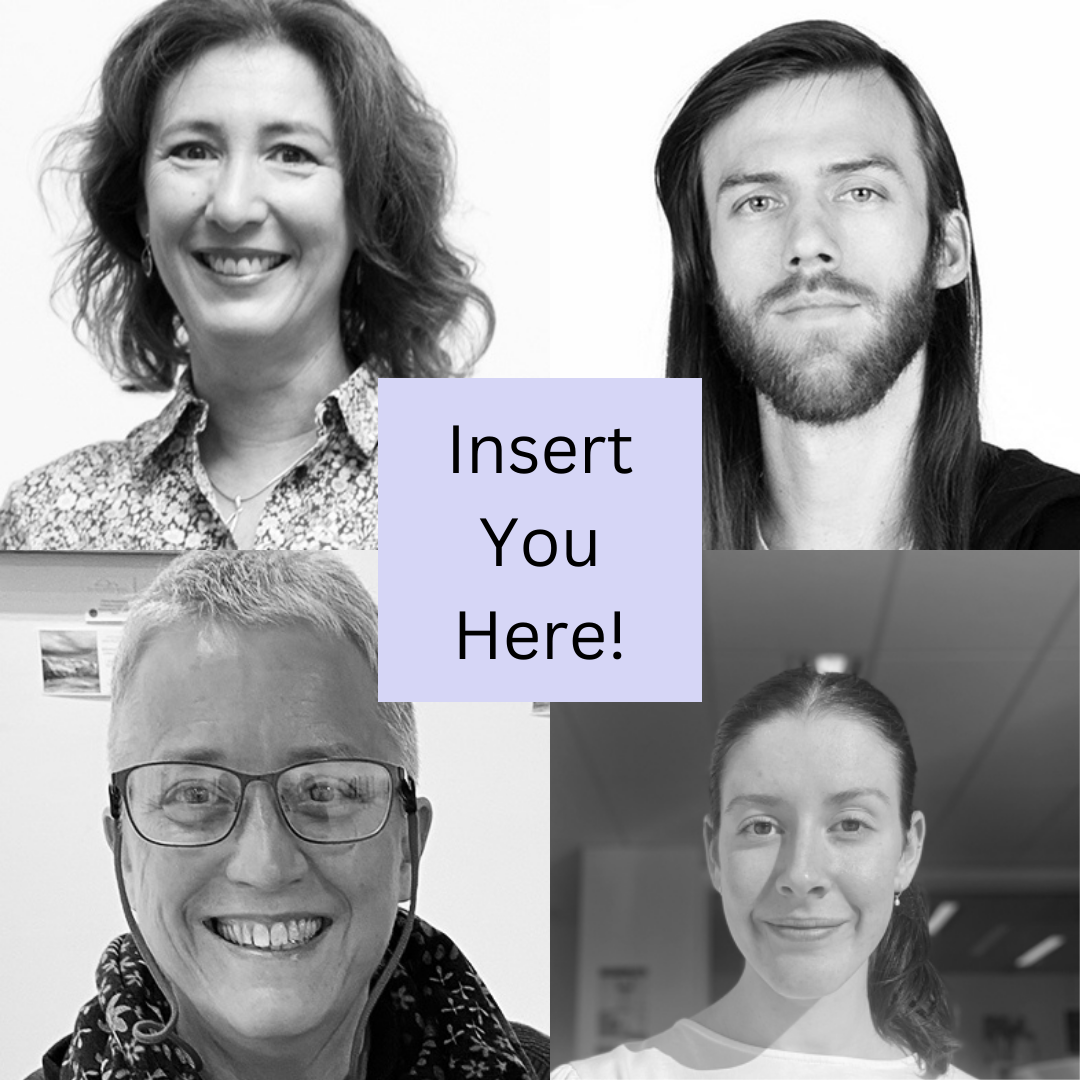 Three women and one man smile for the camera. In the centre there is text that says 'insert you here'.