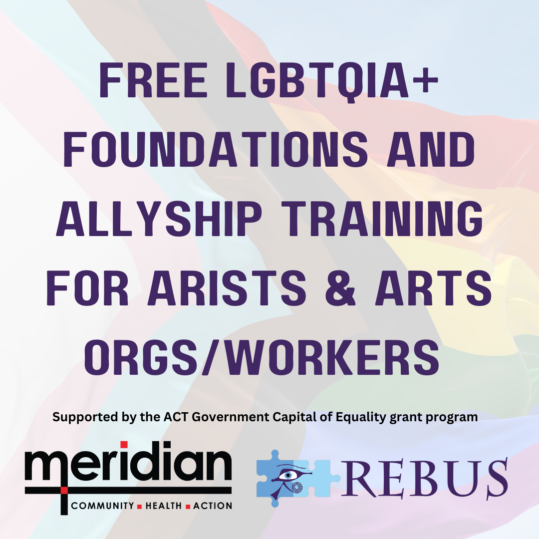 An image of a Queer flag blowing in the wind with the text: Free LGBTQIA+ Foundations and Allyship training for ARISTs & arts orgs/Workers