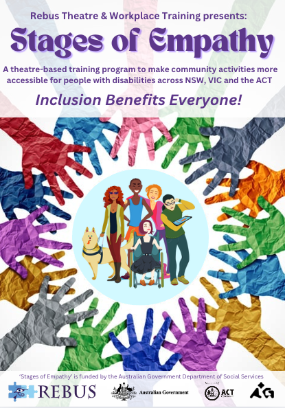 a circle of coloured paper hand cutouts reaching inwards towards a group of cartoon people of various shapes sizes, ethnic backgrounds. One is using a wheelchair.