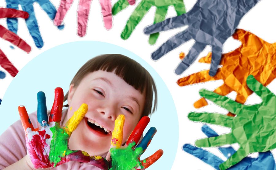 A young girl smiles at the camera with fingers each painted a different colour extended in a double wave. Image of crrafted hans reaching towards her each in different colours