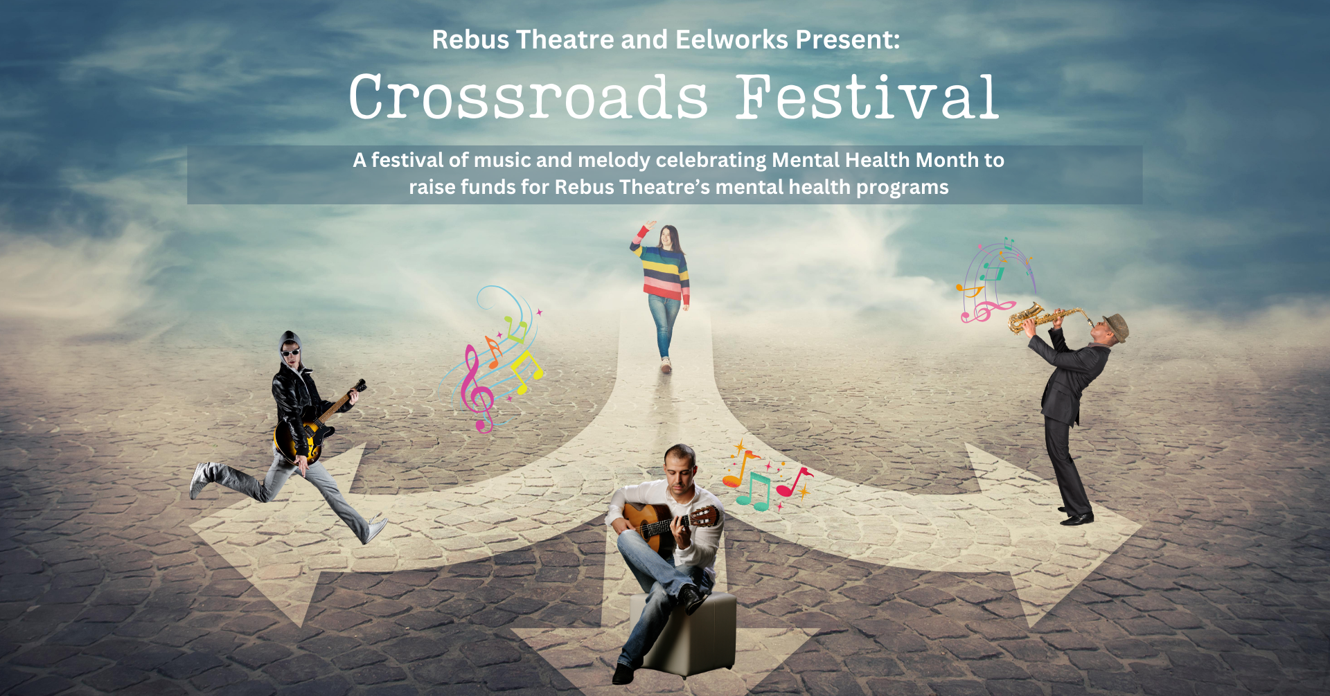 A woman in coloured clothing walking down a street onto an arrow pointing in three different directions. On the first arrow point a man in tracksuit jumps in the air playing electric guitar, on the second a man sits playing acoustic guitar, on the third a man plays saxophone
