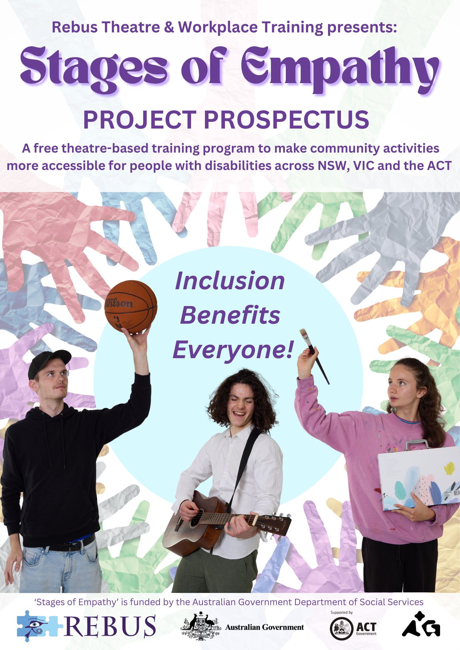 In image of crafted colourful hands reaching in towards a circle that contains an image of a woman in a pink shirt holding a paintbrush, a man in a black shirt holing a basketball and a man in a white shirt playing a guitar with text saying 'Stages of Empathy' Project Prospectus