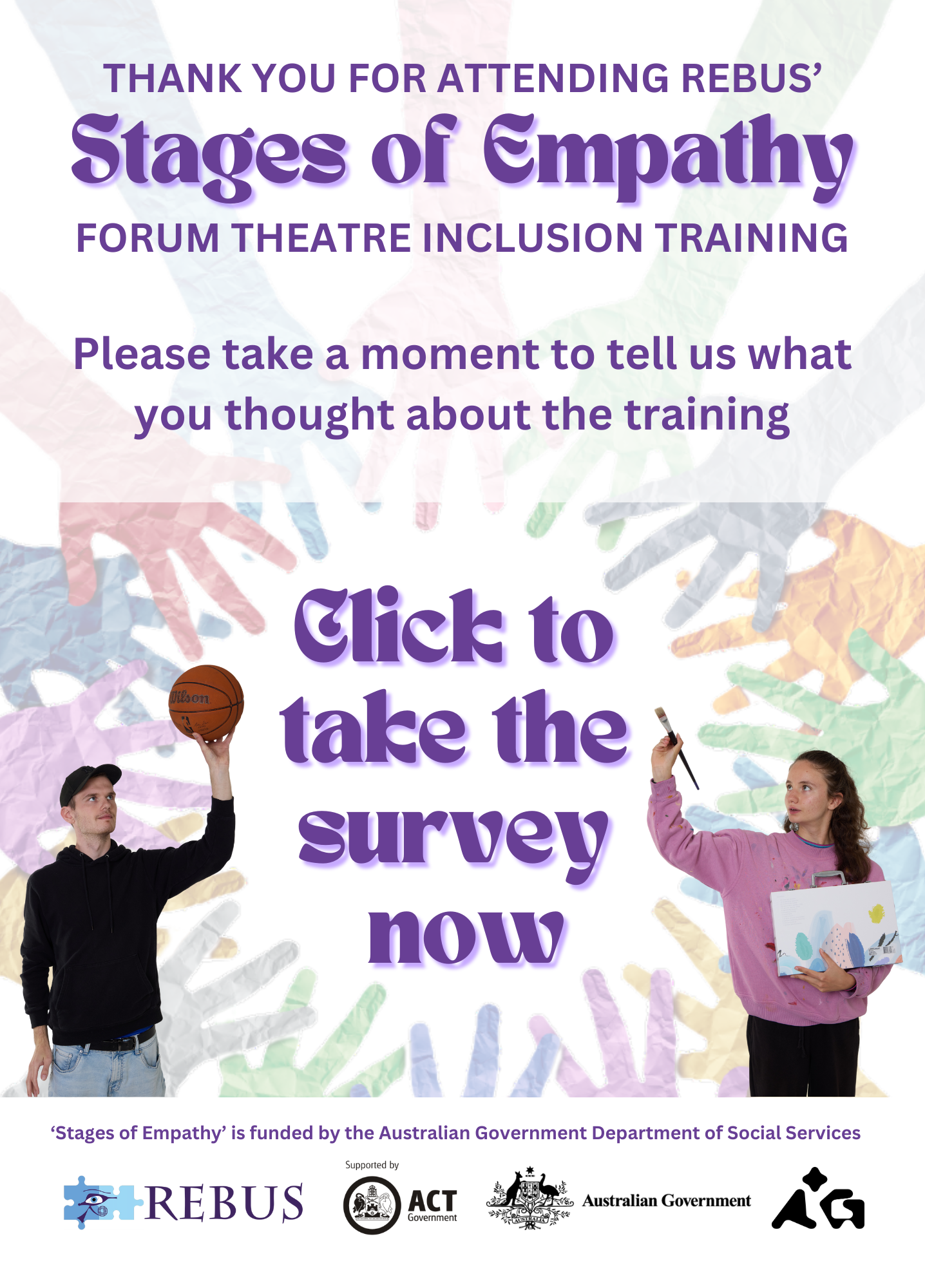 In image of crafted colourful hands reaching in towards a circle that contains an image of a woman in a pink shirt holding a paintbrush, a man in a black shirt holing a basketball