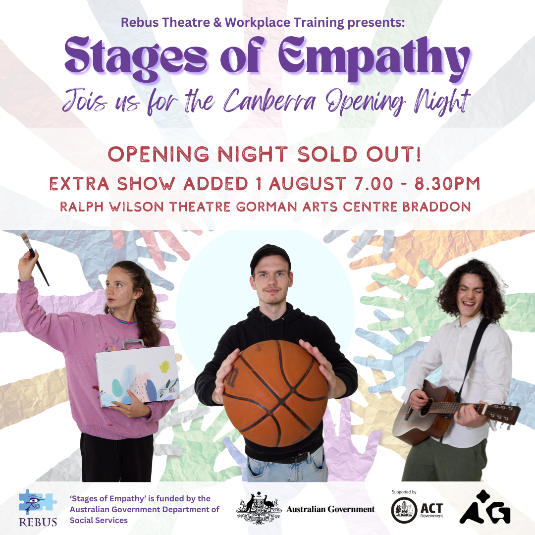 In image of crafted colourful hands reaching in towards a circle that contains an image of a woman in a pink shirt holding a paintbrush, a man in a black shirt holing a basketball and a man in a white shirt playing a guitar with text saying 'Stages of Empathy'